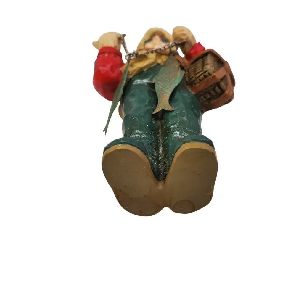Vintage Fisherman Christmas Ornament Wood Hand Carved NEW OS Grandpa Dad